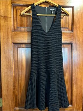 David Lerner Sleeveless Mini Black Waffle Knit Dress with Flared Ruffle sz S